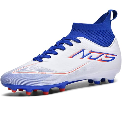 NINIKUA Mens Soccer Cleats Outdoor Professional Training Turf Football Boots Lightweight Breathable Youth Boys Athletic Training Sneakers for AG/FG White