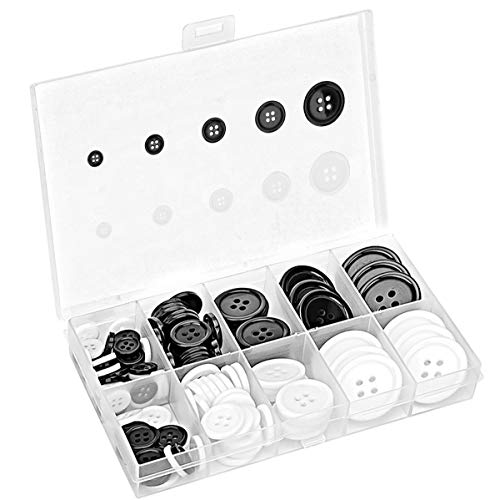 162 PCS Mixed Resin Sewing Buttons, Eco-Friendly 1 inch Buttons with Compartmentalized Storage Box Black Buttons, 4 Holes 5 Sizes DIY White Buttons, Suitable for Sewing, DIY and Holiday Decoration.