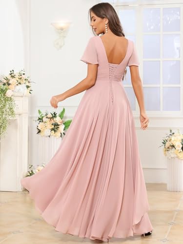 VCCICANY Short Sleeve Bridesmaid Dresses for Women Chiffon Ruffle High Low V Neck Formal Gown with Pockets2