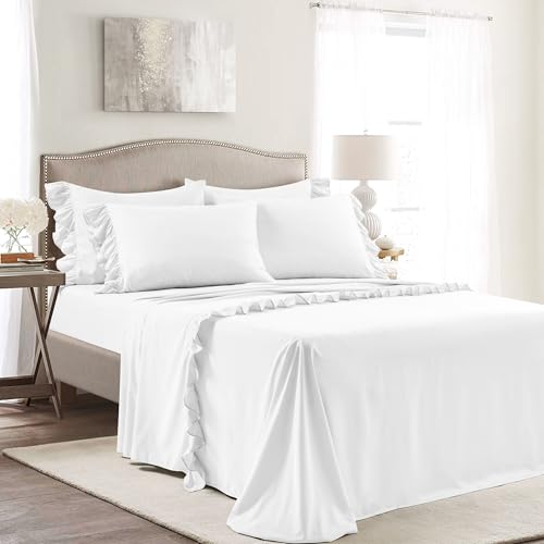 Lush Decor Reyna Ruffle Sheet Set 4 Piece Set Twin, White - Twin Sheets White - Kids Bed Sheets - Twin Size Bed Sheet Set - Coquette Bedroom Decor