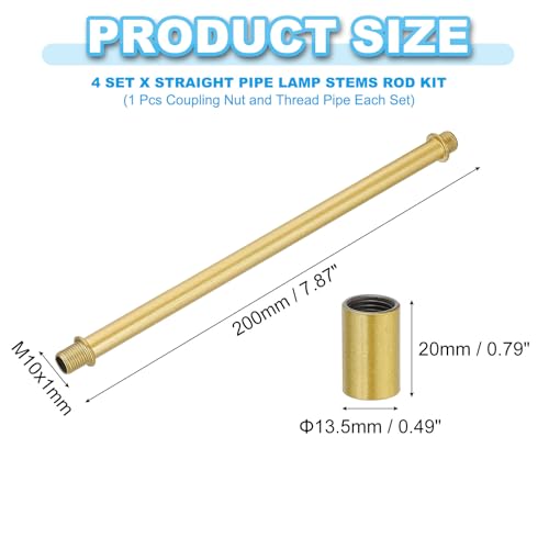 Image of PATIKIL Straight Pipe Lamp Stems Rod Kit, 4 Set M10 Carbon Steel 200mm(7.87 inch) Long Double End Thread Rod with Coupling Nuts Sleeve Connector for Table Lamps Chandeliers, Gold Tone