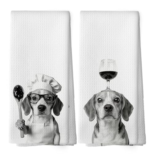 XPH Funny Chef Beagle Wine Kitchen Dish Towels, Beagle Gifts for Women Men, Dog Mom Dad Lovers Owner Gifts for Women Men Hand Towels Kitchen Tea Towel Decorations, 16x24inch Set of 2