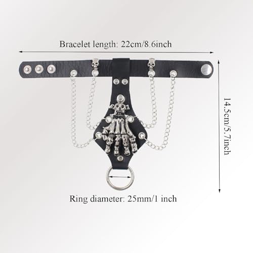 MIAO JIN 2Pcs Skeleton Hand Bracelet,Gothic Punk Rock Spike Skull Ghost Leather Cuff Bracelet Accessories With Claw Finger Wristband,Halloween Jewelry Decoration for Women Men on Party,Black3