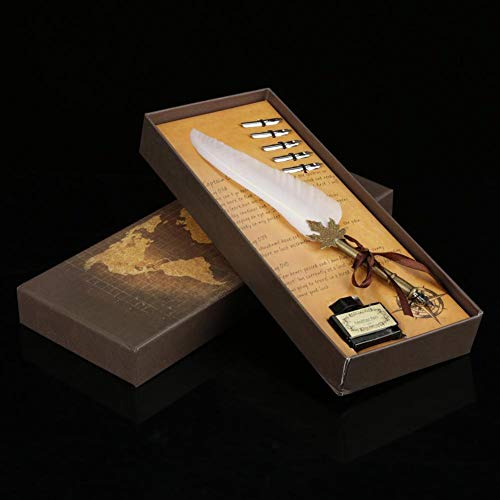 Feather Dip Pen, Europeanism Vintage Dip Pen English Calligraphy Pens Fountain Pens Quill Pen Writing Ink Set With 5 Replacement Metal Nibs And Pen Nib Base Great Gift (White) #TOP5