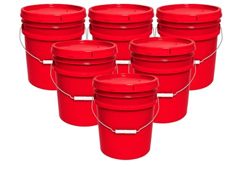 Image of 5 Gallon Bucket & Lid - All Purpose Pail - Made in USA - Food Grade - BPA Free (Red, 6-Pack)