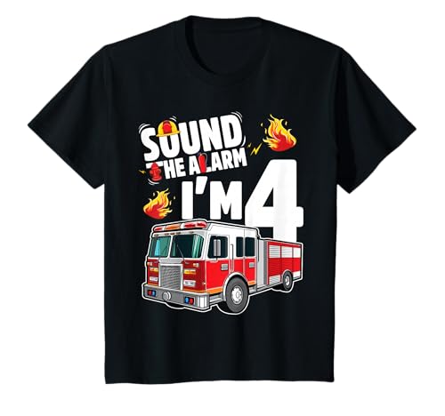Fire Truck 4th Birthday Boy Firefighter 4 Year Old T-Shirt