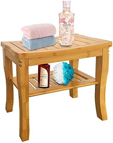 VaeFae Bamboo Shower Bench Bathroom Stool, Waterproof Seating Stool with Storage Shelf, Wood Bench for Bath Spa Indoor Outdoor Use