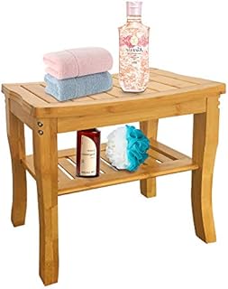 VaeFae Bamboo Shower Bench Bathroom Stool, Waterproof Seating Stool with Storage Shelf, Wood Bench for Bath Spa Indoor Outdoor Use