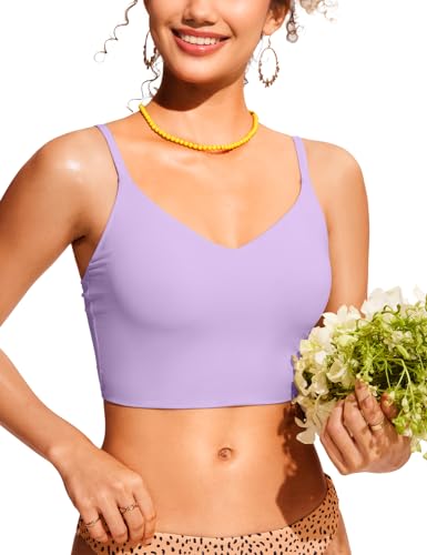 Image of CRZ YOGA V Shaped Longline Bikini Tops for Women - Padded Cropped Adjustable Spaghetti Straps Swimsuit Athletic Bathing Suit Elfin Purple Small