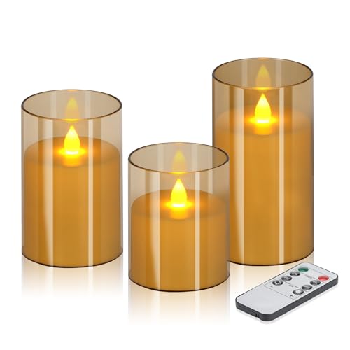 wemarry Flameless Candles 4' 5' 6' Set of 3 Acrylic Glass Pillars 3' Diameter Battery Operated Flickering Candles Include 8-Key Remote with Timer Function 400+ Hours (Amber, 3 Pack)