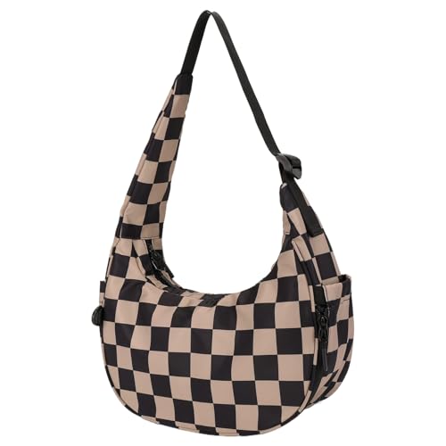 Lushandy Checkered Cescent Bag, Nylon Crescent Shoulder Bag Small Checkered Tote Purse Luna Bag Lightweight Hobo Handbag