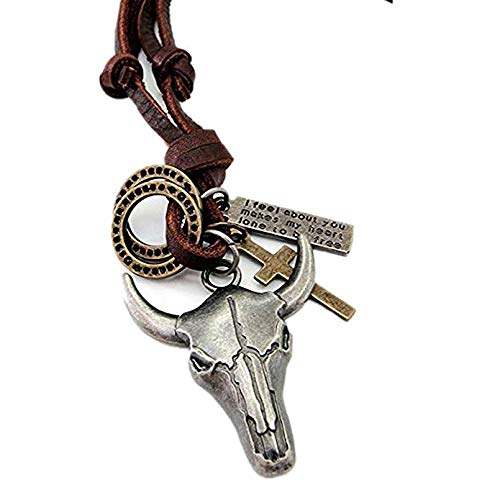 ODETOJOY Herren Lederhalskette braun mit Kreuz Ringen Anhänger und Schrift Tag Leder Halskette für Männer Pfeife Bullet Bull Wolf Head Einstellbare Kette Halsreif (Stier) Cover