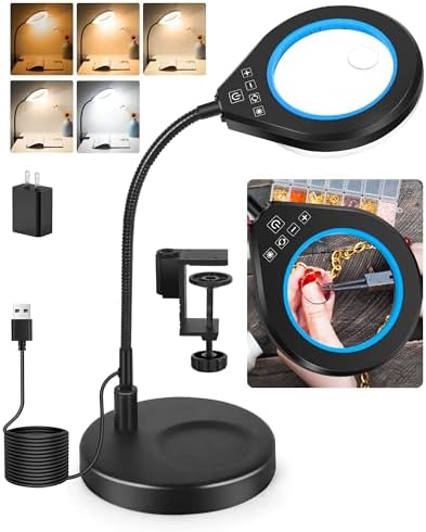 ​Flexible Gooseneck 2-in-1 Magnifying Glass with Light and Stand,10x & 5x Real Glass Lens Magnifying Lamp, 5 Color Stepless Hands-Free LED Desk Lamp with Clamp for Painting, Crafts, Reading (Blue)