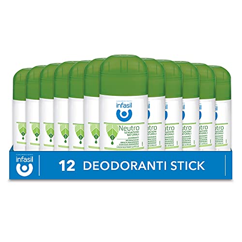 Infasil Neutro Natural Sensazioni Deodorant Stick Anti-Flecken ohne Aluminiumsalze, wirksam bis zu 24H, Duft mit ätherischen Ölen, hautfreundlich, 12 Deodorants à 50 ml