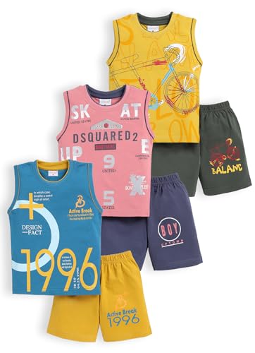 Image of Pure Cotton Sleeveless T-Shirt and Half Pant Set for Boys Kids| Kids boys tshirt and half pant set| Coordinated Set for Unisex kids| Roundneck Tees| Lightweight and Breathable