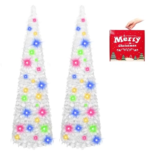MACTING 2PCS White Pop up Christmas Tree with Lights 5FT Easy-Assembly Tinsel Coastal Glittery Artificial Collapsible Tree for Indoor Outdoor Apartment Corner Party Xmas Valentines Decorations