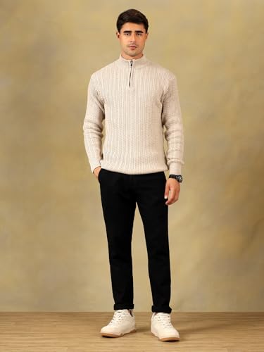 Image of Kvetoo Men's Full Sleeve High Neck Zipper Sweater| Warm Cable Knit Quarter Zip Pullover | Wool Winter Sweater for Casual & Office Wear