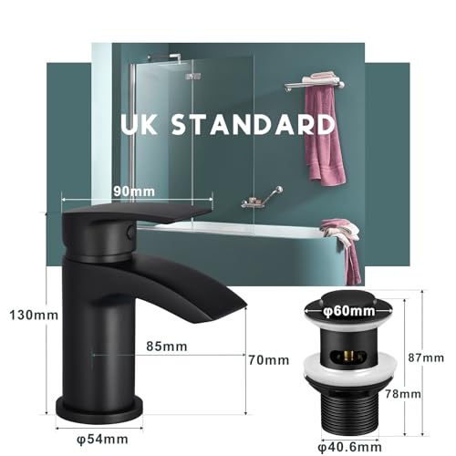 Peppermint Bath and Basin Mixer Taps Set with Pop up Slotted Basin Waste Matte Black Waterfall Bathroom Sink Tap & Bathtub Filler Tap Tub Faucet Cloakroom Mono Brass Deck Mount - Image 6