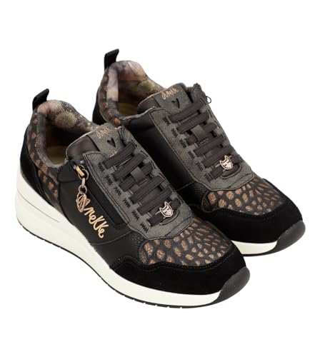 Zapatillas de Deporte con cuña Exterior, Negras y Doradas, con Detalles metálicos Brillantes y Cremallera Lateral (Negro, Sistema Tallas Calzado EU, Adulto, Mujer, Números, Mediano, 38)