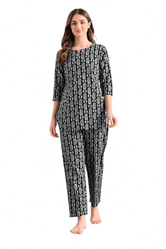 Image of Amazon Brand - Tavasya Women Cotton- Rayon Printed Kurti with Pant Co-Ord Set | Soft Comfortable Straight Fit Ethnic Kurta Set | 3 /4 Sleeves V-Neck Daily, Office & Casual Wear
