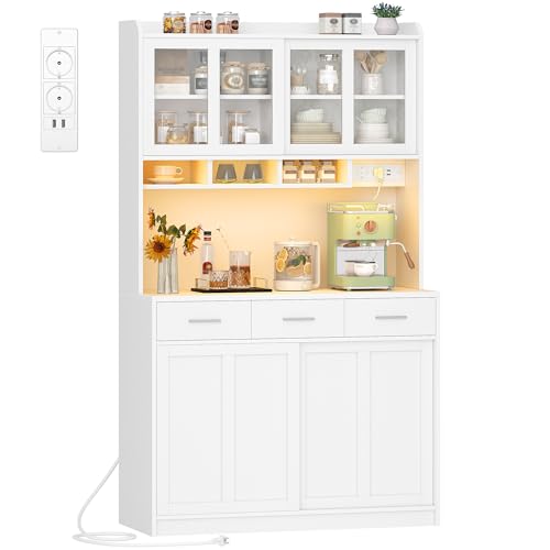 Hzuaneri Armoire de Cuisine, Buffet avec Éclairage LED et Multiprise, Plan de Travail, 3 Tiroirs, Étagères Réglables, Portes Coulissantes, pour Cuisine, 40...