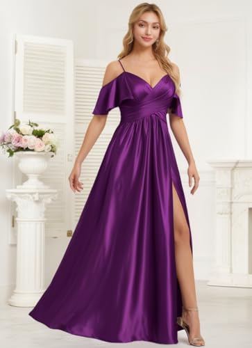 Everlong Cold Shoulder Bridesmaid Dresses 2025 Satin Spaghetti Straps Prom Dress High Slit Formal Evening Gown EL0104