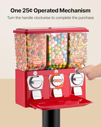 Image of VEVOR Candy Vending Machine, Triple Compartment Candy Vending Machine with Stand, Gumball & Candies Vendings Machines with Built-in Cash Box, Detachable, Vintage Candies Dispenser for Shops, Arcades
