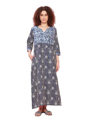 Image of Evolove Women's 100% Cotton Supersoft with Beautiful Embroidery Long Maxi Night Gown Nighty Dress with Pocket, Most Comfortable and 3 X Longer Lasting (Dark Navy, LNGCO3188DN-S)