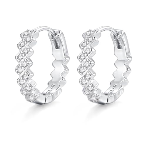 Zolkamery Silver Hoop Earrings, 925 Sterling Silver Wave Hoops Earrings for Women, Neutral Huggies Hoops Earrings with Zirconia, Small Hypoallergenic Cartilage Sleeper Ear Rings, Jewellery for Women