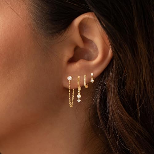 Image of Gold Earrings for Women, 14k Gold Plated Dangle Huggie Earrings for Women Trendy Dainty Gold Hoop Earring Stacks Hypoallergenic Pearl Chain Drop Cartilage Earring Fashion Womens Jewelry