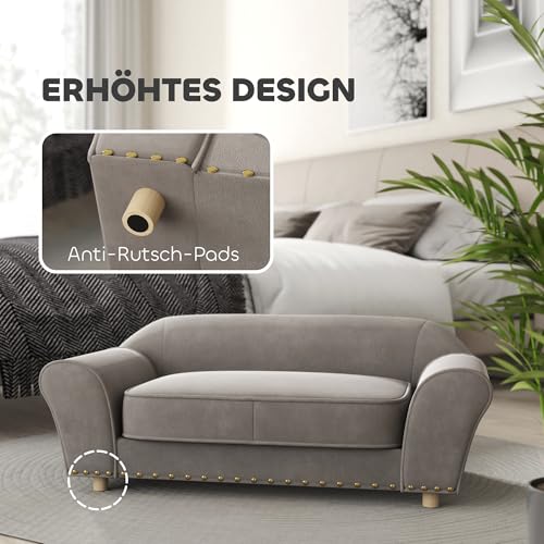 PawHut Hundesofa für kleine Hunde, Hundebett mit abnehmbarem und waschbarem Kissen, Haustiersofa mit Nietendekoration, 10 kg, Grau