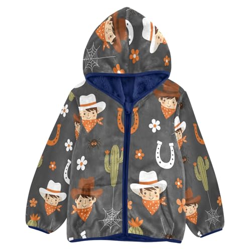 Cowboy Theme Pattern Prints Toddler Fleece Jacket Girl Boys Hooded Fleece Jacket Coat Warm Outwear Zip-up 3-10T