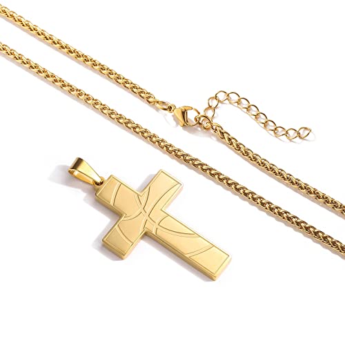 Glitto Basketball Cross Necklace For Boys Men Stainless Steel Pendant Chain Religious Christian Baptism First Communion Confirmation Jewelry Stuff Accessories Gift Christmas Valentine's Day Luke 1:37 Gold #TOP3