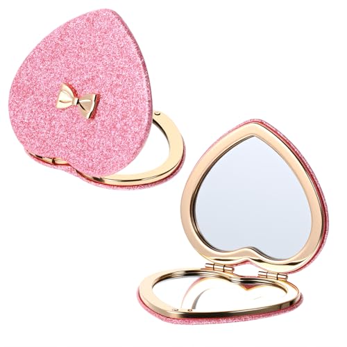 Espejo de maquillaje portátil pequeño en forma de corazón rosa