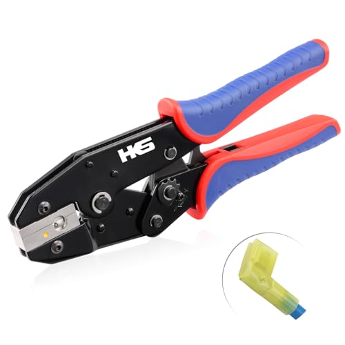 HKS Crimping Tool for Insulated Flag Terminals - Ratcheting Wire Crimpers -12-10AWG (4-6mm²) - Ratchet Terminal Crimper - Electrical Crimping Tool