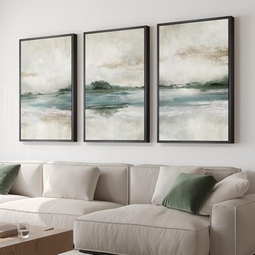 Large Framed Abstract Nature Landscape Wall Art for Living Room, Set of 3 Modern Canvas Prints Paintings Artwork for Walls, Green Lake Pictures for Hallway, Dining Room, Office Wall Decor 24x36 Inch - Image 3