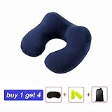 Inflatable Neck Pillow, Kisstaker Portable Travel Pillow Soft Air Setting Neck Pillow U Shape with Drawstring Bag (Dark Blue)