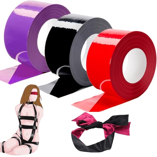 Bondage Sex Tape Set BDSM Sex Toys 3 Pack Black Purple & Red Bondage Tape with Blindfold Bondage Restraints Sex Things for Couples Kinky BDSM Toys Reusable Sex Rope Sex Straps Adult Couples Sex Toys