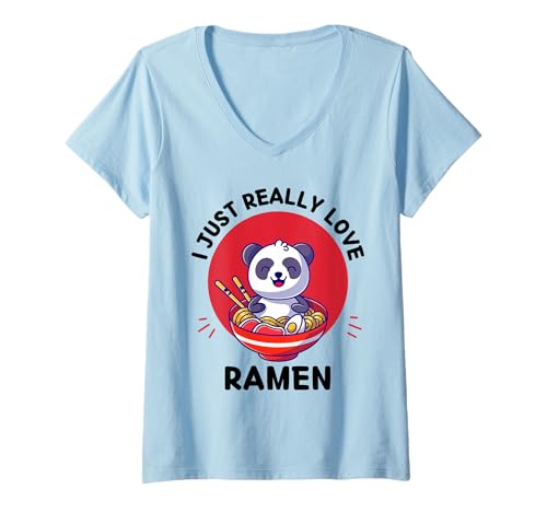 Mujer Lindo panda kawaii I Just Really Love Ramen Noodles Lover Camiseta Cuello V
