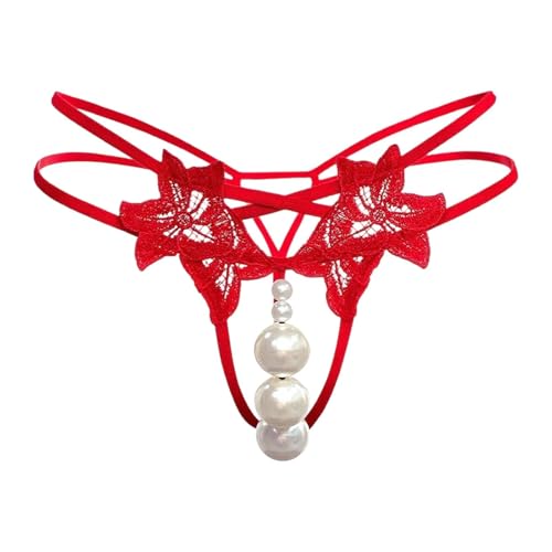 Generisch Erotische UnterwäSche Damen Damen Perlen Spitze Schleife Perlen Spitzenhöschen Sex Tanga Dessous Dessous (Red, XL)