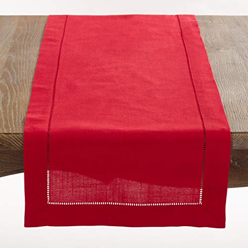 SARO LIFESTYLE Classic Hemstitch Table Runner - Elegant Everyday Table Runner with Textured Fabric and Hemstitched Border for Dining Tables and Formal Entertaining, 16"x36", Red
