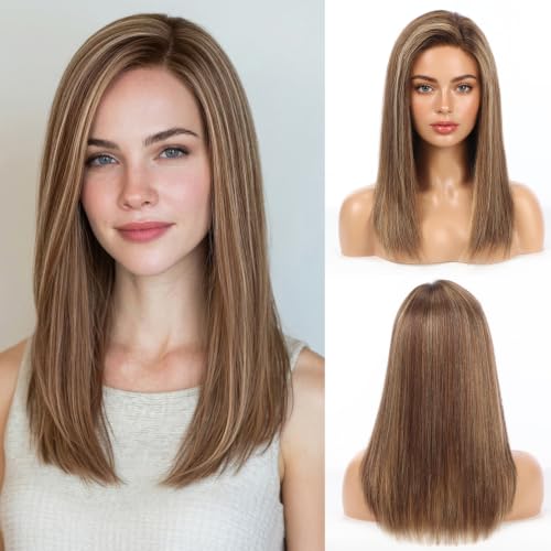 Image of 5x5 Lace Front Wigs for women,Human Hair Blonde Straight Glueless with Free Part & Pre Plucked Natural Hairline 16 Inch(Brown with Blonde Highlights)