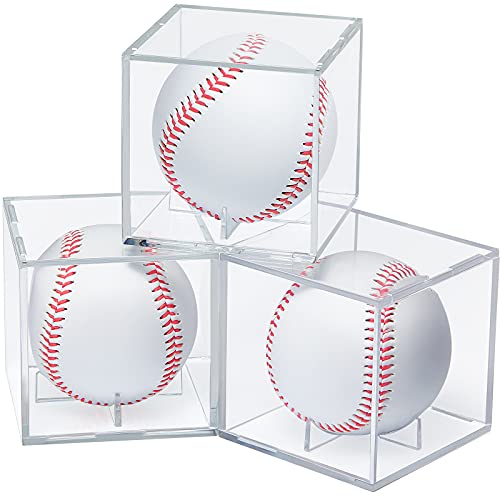Duoleda 3 Pieces Baseball Display Case UV Protected Acrylic Baseball Square Cube Holder Clear Cube Baseball Display Box for Universal Size Baseball Memorabilia Showcase Autograph Ball Protector