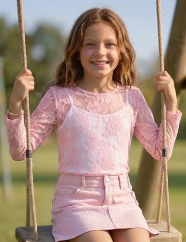 Image of Noomelfish Girls Lace Layering Tops Sheer Mesh Tee Shirts Blouse (5-12 Years)