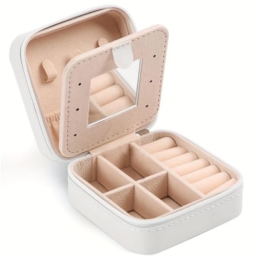 Joyero pequeño para mujer – Joyero de viaje con espejo, joyero pequeño joyero de viaje de piel para anillos, pendientes, collar (blanco)