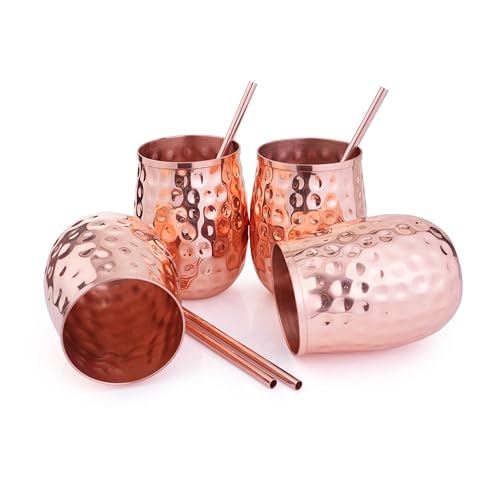 Artisan Copper Wine Glasses Set of 4 (12oz) w/ 4 Straws Authentic Handcrafted Hammered Cups Better Than Glasses or Plastic Moscow Mule Copper Cup For Drinking Tarnish-Resistant