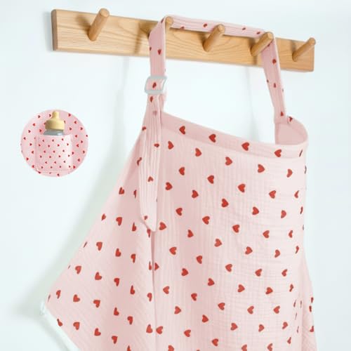 Image of MUGVELL Muslin Nursing Covers for Breastfeeding, Arch Neckline Breast Feeding Covers for Women, Moms Privacy Breathable Summer Nursing Apron, 43.3" x 25.6" Soft Feeding Cover (Pink Red Heart)