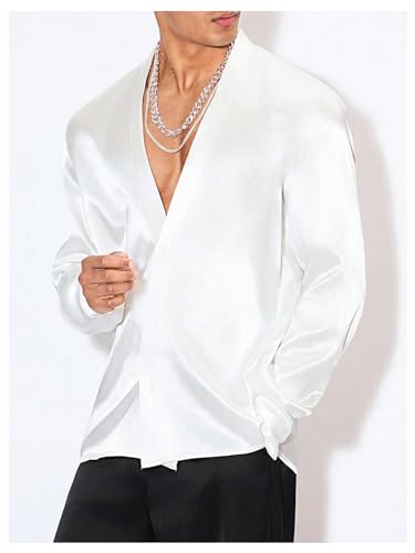 Floerns Men's Wedding Long Sleeve V Neck Shirts Shiny Satin Prom Party Club Shirts4