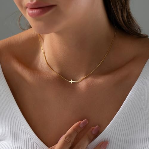Cross Necklace for Women - 18K Gold Plated Cross Necklace Dainty Gold Cross Necklace Tiny Sideway Cross Choker Necklace Gold Cross Necklaces for Women Gold Jewelry for Women3