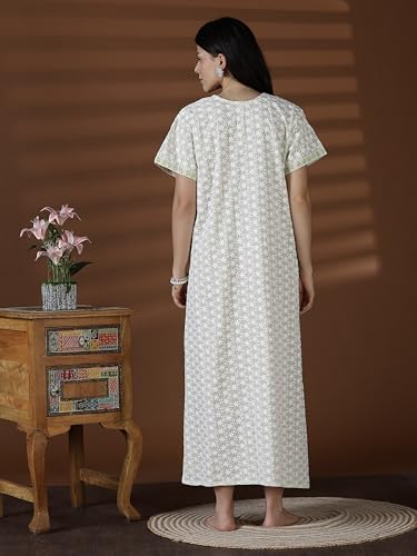 Image of 9shines Label Stylish Chikankari Cotton Nighty Maxi for Women | Full Length Nightgown | Nightdress with Pocket | Embroidery Nighty | Soft Comfortable Cotton Nightwear (1545)